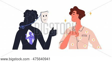 Hiding Envy Emotion, Reaction Behind Fake Smiling Mask. Hypocrite Envious Jealous Woman Congratulati
