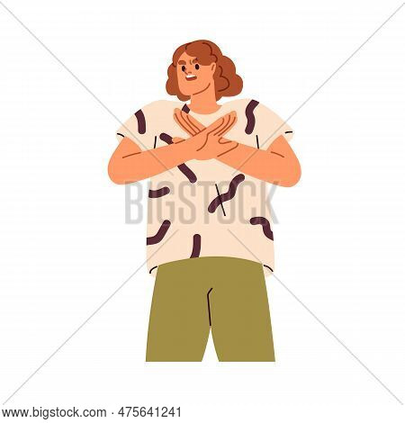 Showing Stop Gesture, Crossing Hands, Arms. Afraid Angry Person Refusing, Rejecting, Saying No. Reje