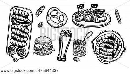 The Composition Of Drinks And Snacks. Set Food And Beer In A Glass, Mug, Cup And Jar. Hand Drawing G