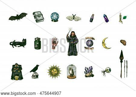 Witch Brews A Potion In A Cauldron. Magic Ball, Book Of Spells, Black Cat, Beldam And Sorcery, Crow 