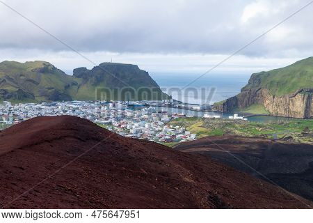 Heimaey Town Aerial View From Eldfell Volcano.