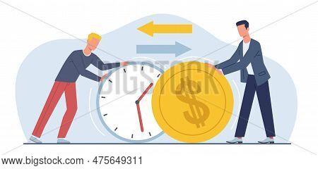 Exchanging Time And Effort For Money And Getting Paid For Work. Men Hold Huge Clock And Cold Coin. C
