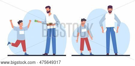 Father Gives Money From Purse To Son, Father Has No Cash For Child. Rich And Poor Family, Kids Pocke