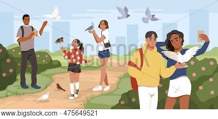 People Feed Pigeons. Walkers In Park Feed Birds, Happy Guys And Girls Give Grains And Crumbs To Dove