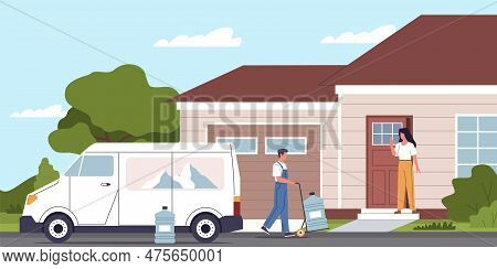 Water Delivery Service. Worker Delivers Plastic Bottle Of Drinking Water For Cooler, Truck Near Hous