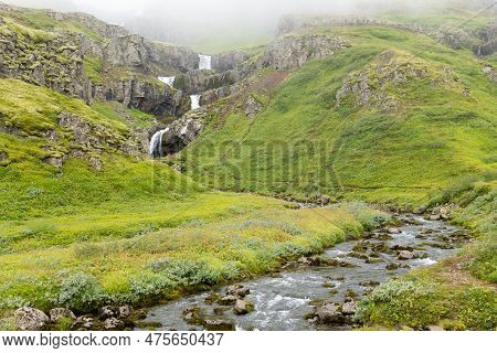 Klifbrekkufossar Falls In Summer Season View, Iceland.