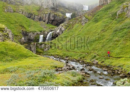 Klifbrekkufossar Falls In Summer Season View, Iceland.