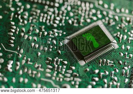 Environment Green Technology Computer Chip. Green World Icon On Circuit Board Technology Innovations