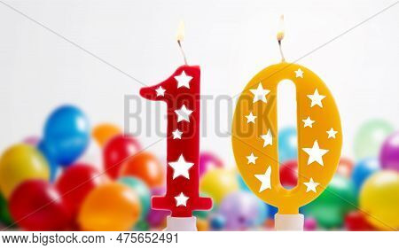 Birthday Candle Burning On White Background, Colorful Number 10, 10th Birthday Isolated On White Fes
