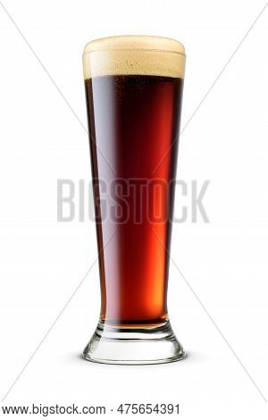 Pilsner Glass Of Fresh Delicious Dark Stout Beer With Cap Of Foam Isolated On White Background.