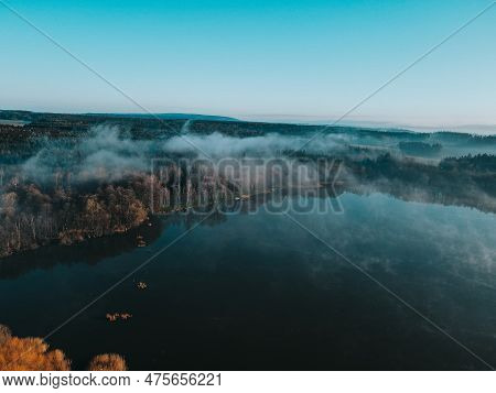 Morning Scenery Of Lake, Forest And Atmospheric Fogg. Svitavy, Czech Republic.