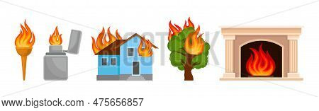 Flaming And Burning Objects With House And Tree On Fire Vector Set