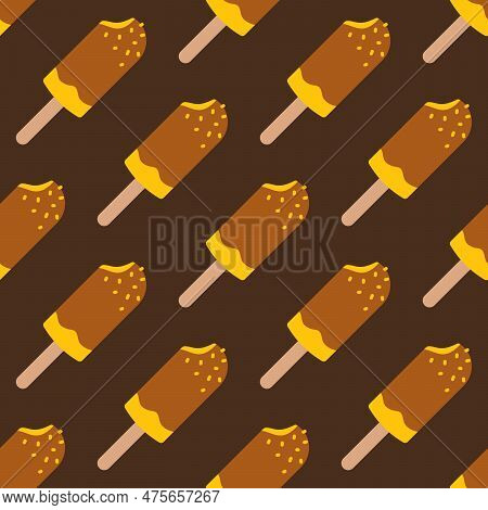 Vector Seamless Pattern With Ice Cream On Stick. Ice Cream On Chocolate Glaze On Dark Brown Backgrou