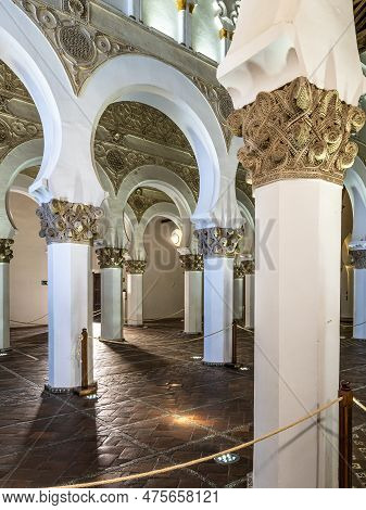Toledo, Spain - Oct 08, 2022: White Arches At Ancient Sinagoga De Santa Maria La Blanca, Synagogue I