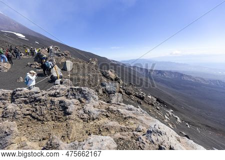 Mount Etna, Sicily, Italy - April 27, 2023: Tourists On Torre Del Filosofo, Famous View Point On The