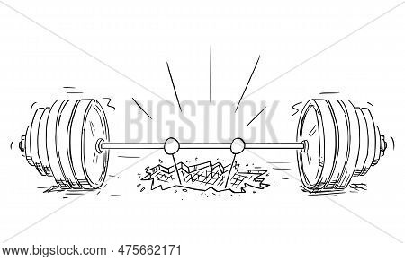 Person Fall Through Floor While Trying To Lift Heavy Weight, Vector Cartoon Stick Figure Illustratio
