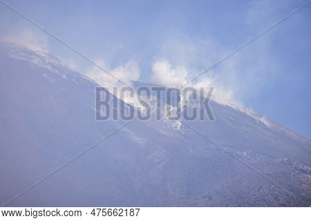 Volcano Mount Etna With Smoking Peak Of Main Crater. Etna Is Active Stratovolcano, Tallest And Large