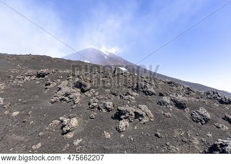 Volcano Mount Etna With Smoking Peak Of Main Crater. Etna Is Active Stratovolcano, Tallest And Large
