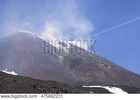 Volcano Mount Etna With Smoking Peak Of Main Crater. Etna Is Active Stratovolcano, Tallest And Large