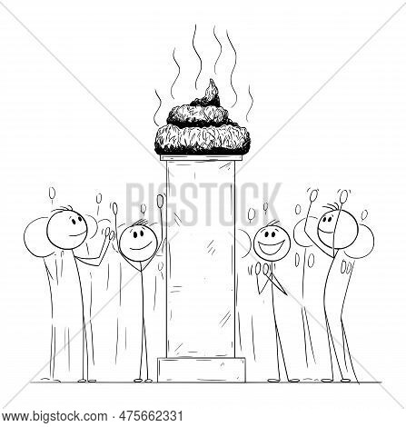 Crowd Applauding And Celebrating Turd, Crap Or Shit On Pedestal, Vector Cartoon Stick Figure Illustr
