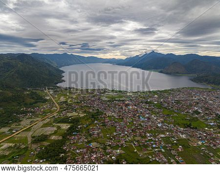 Takengon City In Mountains Among Farmland And Laut Tawar Lake. Sumatra, Indonesia.