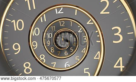Infinity Time. Golden Old Fashion Clock With Numerals Abstract Time Spiral Effect. Digital Generated
