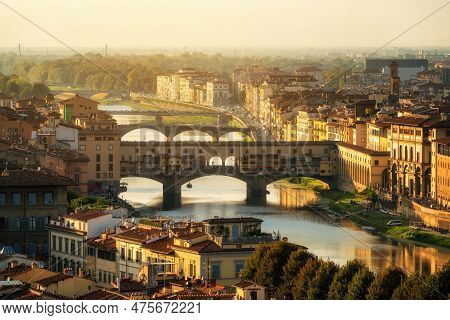 Florence Ponte Vecchio Bridge And City Skyline In Italy. Florence Is Capital City Of The Tuscany Reg