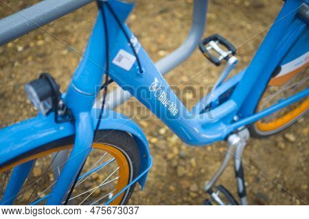 Closeup Shot Of Blue-bike Bike Sharing And Rental