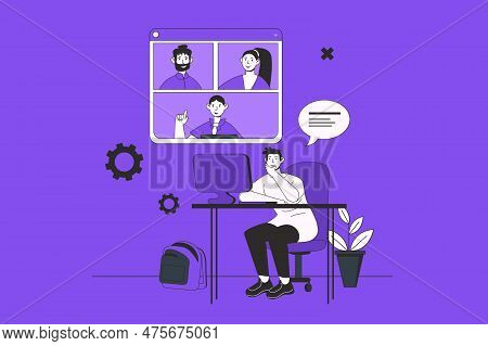 Video Conference Web Concept With Character Scene In Flat Design. People Talking And Discuss Tasks V