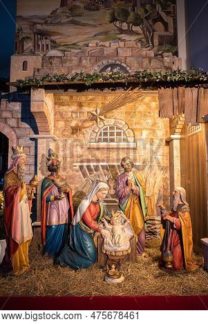 Feldkirch, Austria - January 21, 2022: Christmas Cribs - Nativity Scene In The Church - Symbol Of Th
