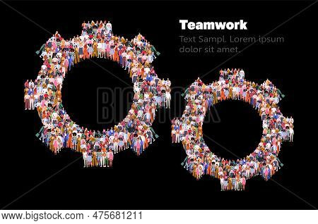 Two Cog Gear Wheels On Black Background. Large Group Of People In The Form Of Gear Wheels. Repair, O