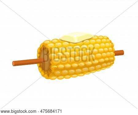 Cartoon Sweet Corn Stick With Butter And Salt, Vector Vegetable Food. Maize With Ripe Sweet Grains O