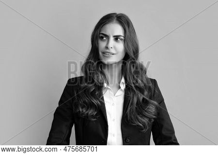Negative Business Woman Isolated Over Gray Background. Displeased Angry Businesswoman Blocking Offer