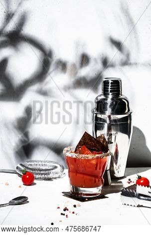 Miso Bloody Mary Alcoholic Cocktail Drink With Tomato Juice, Japan Spices, Vodka And Nori. White Bac