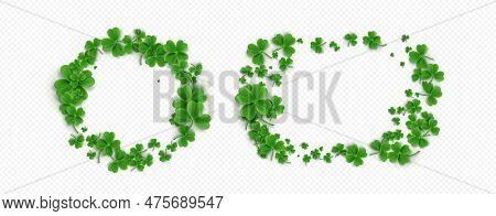Realistic Set Of Round Clover Frames Isolated On Transparent Background. Vector Illustration Of Gree