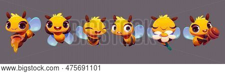 Cute Bee Emotion Expression Mascot Vector. Cartoon Isolated Happy And Funny Character With Yummy Hon