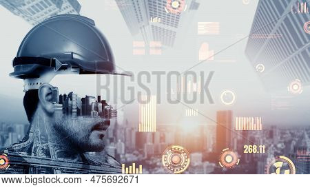 Future Building Construction And Inventive Engineering Project Concept With Hud Hologram Graphic Des