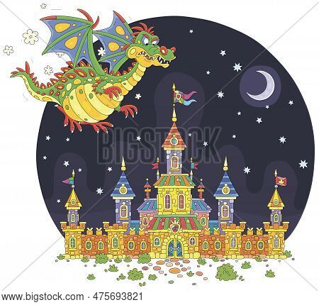 Fire-breathing Dragon Flying Over A Fairytale Castle With High Towers, Defensive Stone Walls, Gates,
