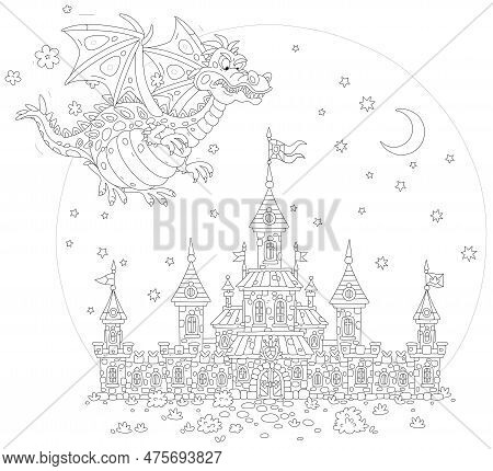 Fire-breathing Dragon Flying Over A Fairytale Castle With High Towers, Defensive Stone Walls, Gates,
