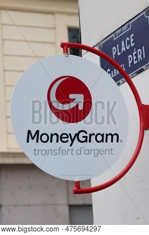 Lyon , Aura France - 04 24 2023 : Moneygram Sign Text And Brand Logo Front Entrance Agency Shop Ice 