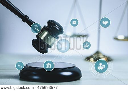 Smart Law, Legal Advice Icons And Lawyer Working Tools In The Lawyers Office Showing Concept Of Digi