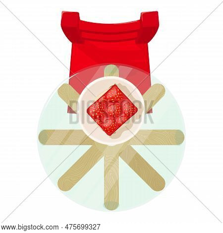 Strawberry Cheesecake Icon Isometric Vector. Strawbery Cake Piece On Round Table. Dessert, Sweet Foo