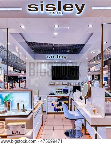 Latvia, Riga, April, 2023 - Beautiful Modern Perfume And Cosmetic Boutique Interior With Make-up Tab