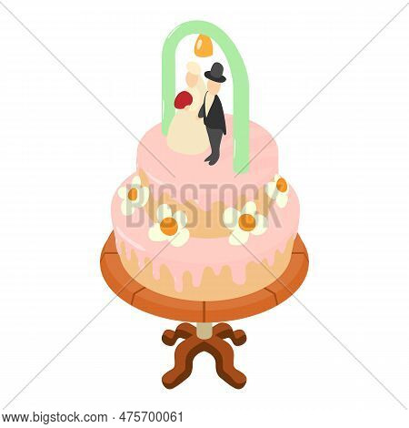 Wedding Cake Icon Isometric Vector. Twotiered Cake With Bride And Groom Figurine. Wedding Dessert, E