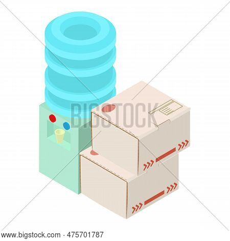 Office Equipment Icon Isometric Vector. Water Cooler And Two Closed Parcel Box. Watercooler, Equipme