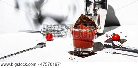 Miso Bloody Mary Alcoholic Cocktail Drink With Tomato Juice, Japan Spices, Vodka And Nori. White Bac