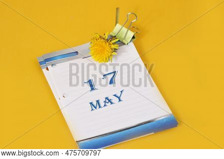 Calendar For May 17: Desk Calendar With Yellow Dandelion, Number 17, Name Of The Month May In Englis