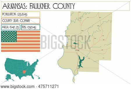 Large And Detailed Map Of Faulkner County In Arkansas, Usa.