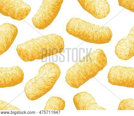 Sweet Corn Sticks, Seamless Pattern On White Background. Realistic Vector Illustration. Fast Snacks 