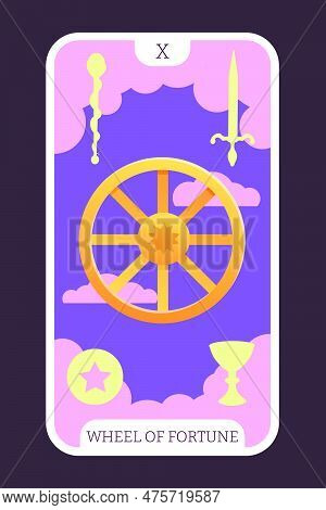 The Fortune Wheel Tarot Cartoon Flat Card Template Major Arcana. Taro Vector Illustration Spiritual 